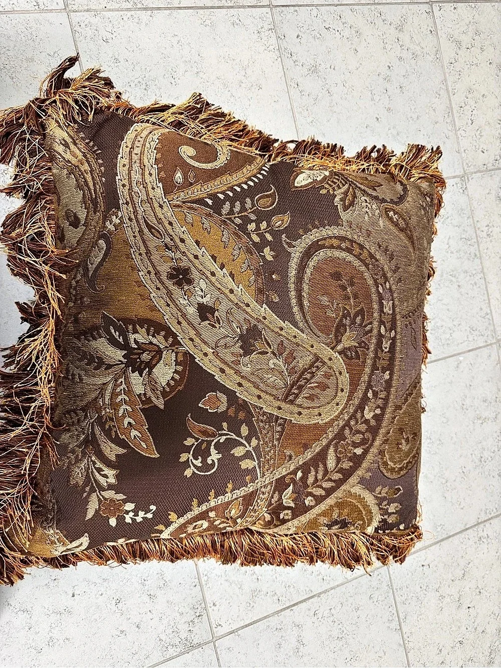 Paisley Fringe Accent Pillow in Brown & Gold